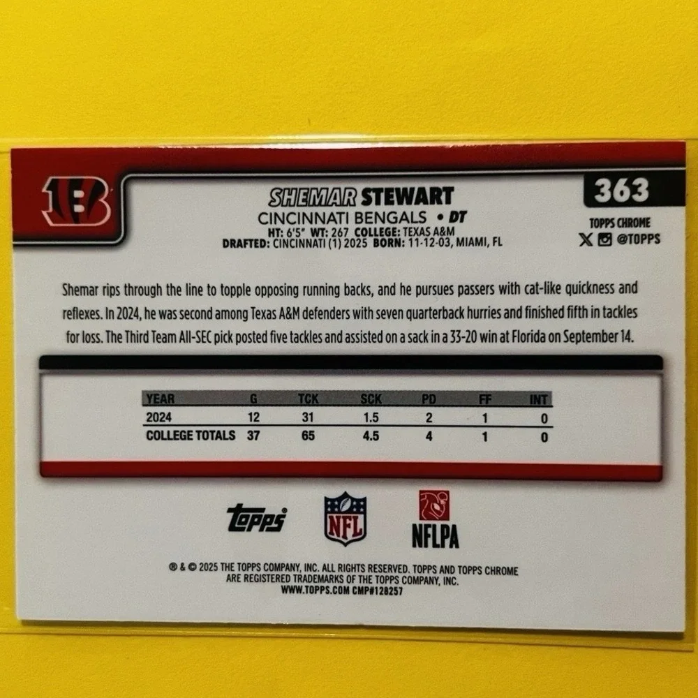 2025 Topps‎ Chrome NFL Football Shemar Stewart RC Pulsar Refractor Bengals #363